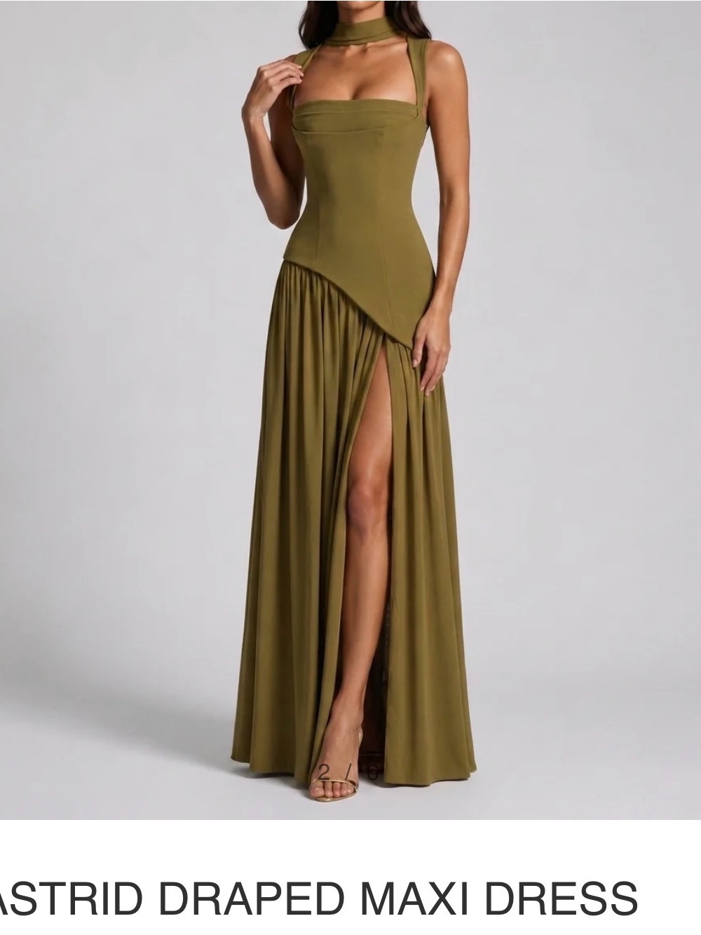 Sleek Olive Maxi Dress with Asymmetric Draped Skirt